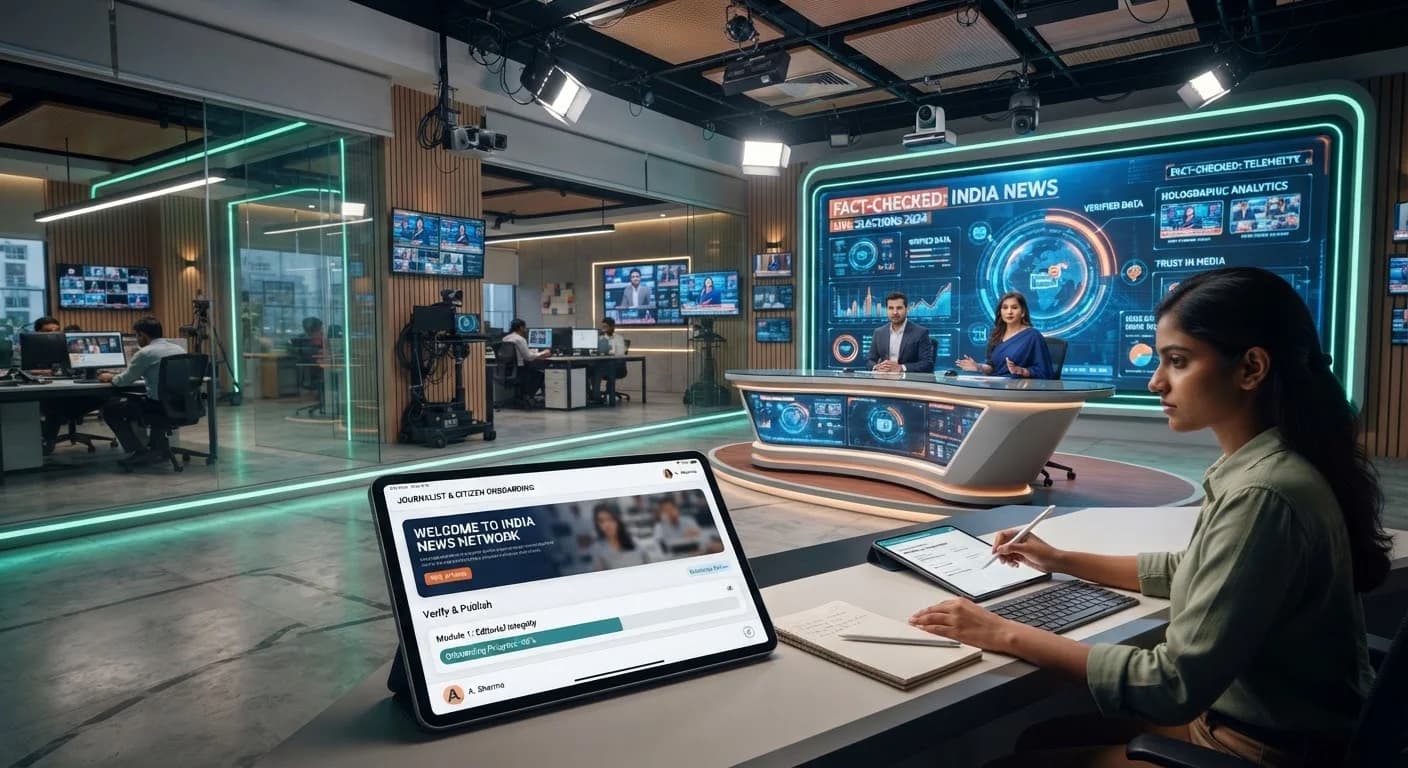 A newsroom desk with live news screens
